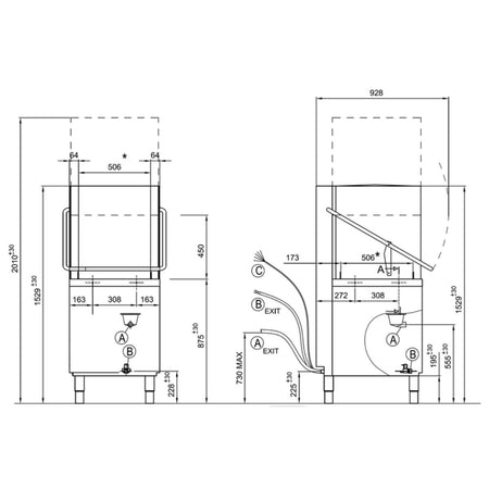 Blastwash AT50H pass-through dishwasher — hood lifted showing 500×500mm wash chamber