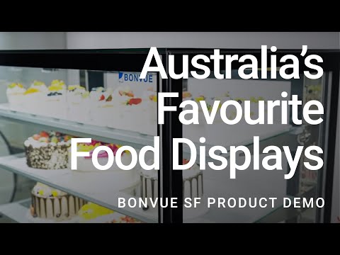 Bonvue SF830V cake display — three tempered glass shelves with cakes