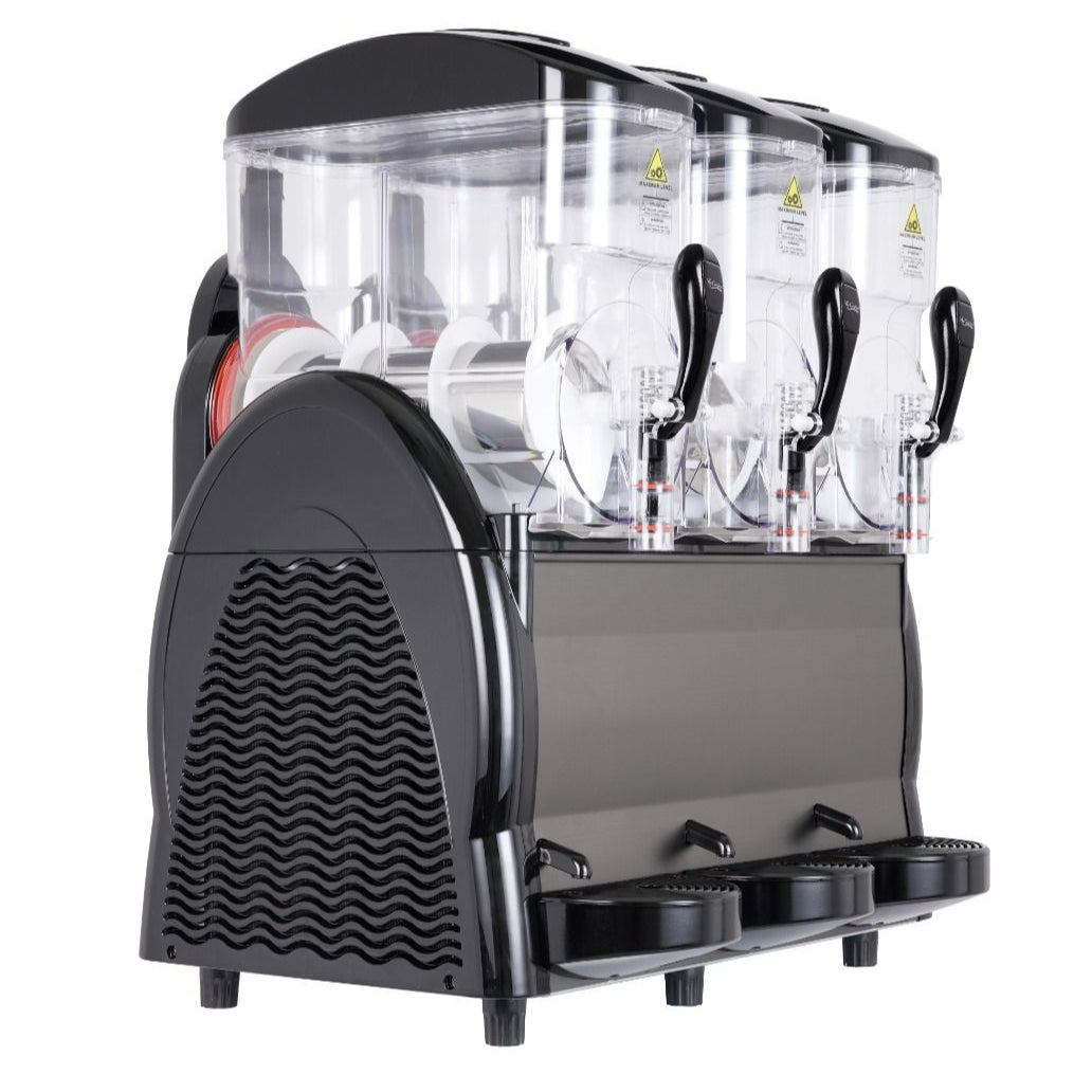 Three-compartment drink dispenser with black and clear design on a white background