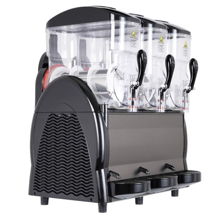 Three-compartment drink dispenser with black and clear design on a white background