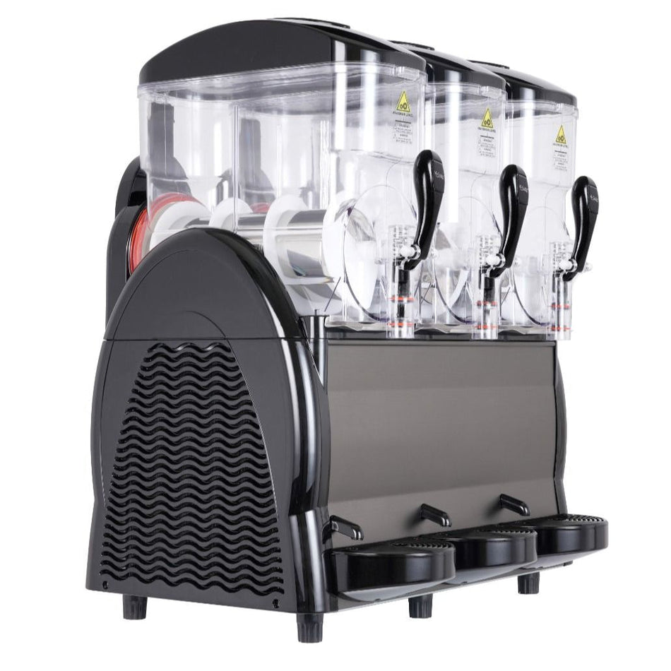 Three-compartment drink dispenser with black and clear design on a white background