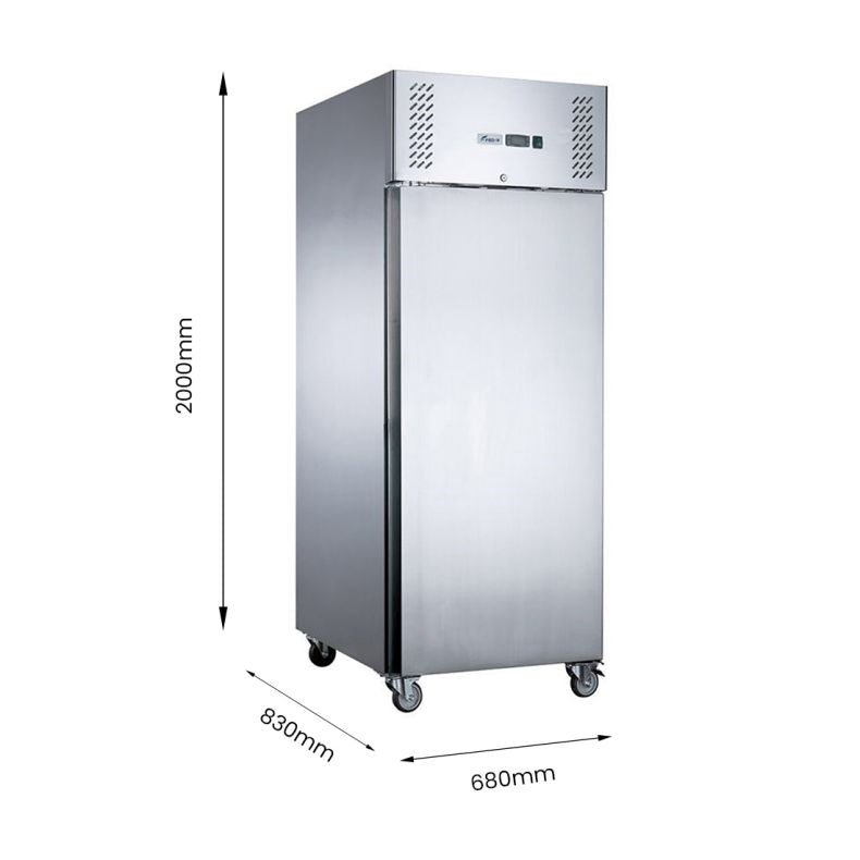 FED-X XURF650SFV freezer — door open showing 3 shelves and base