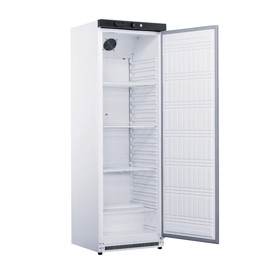 FED-X XR400SS upright fridge — door open showing interior shelving
