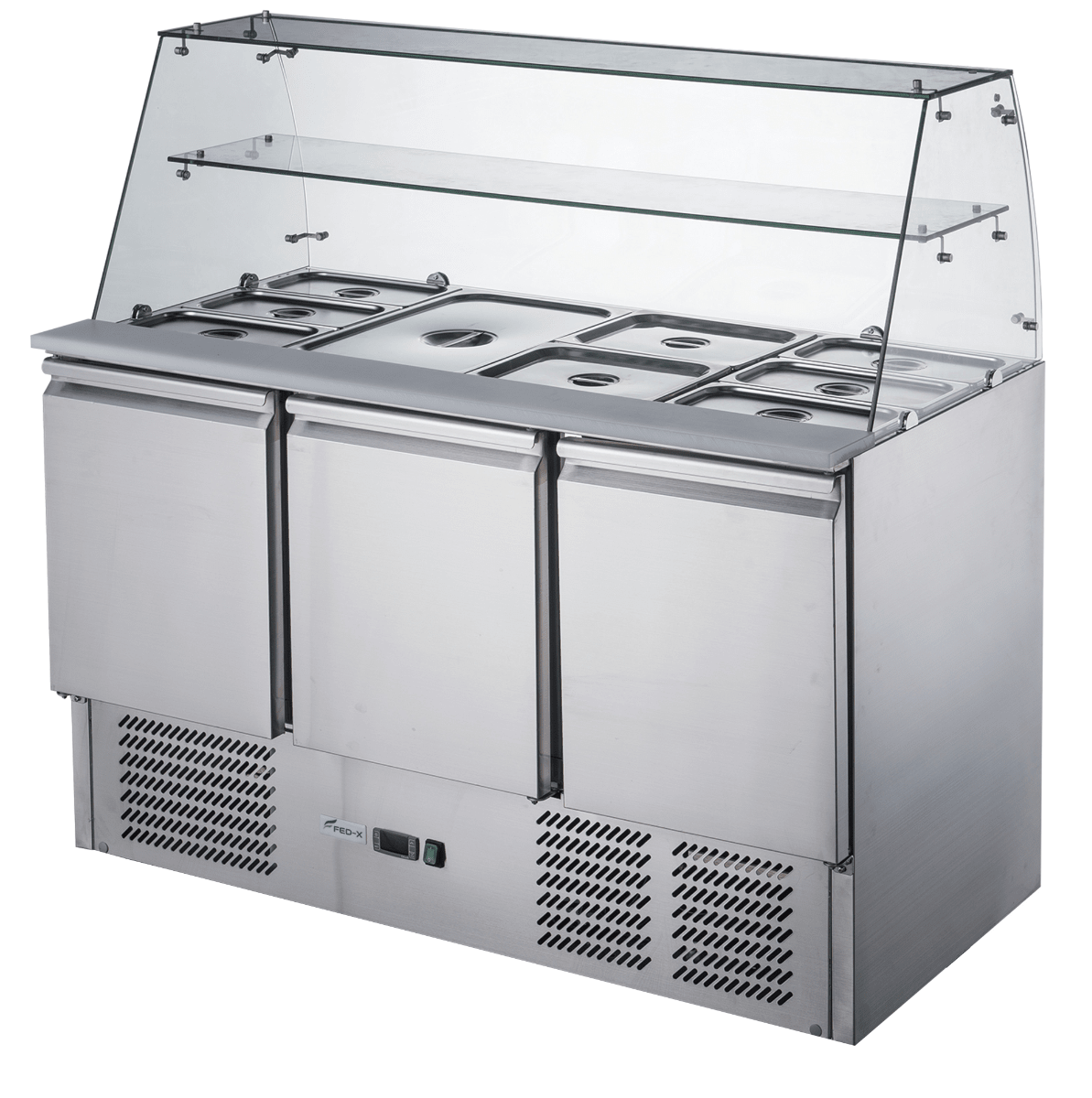 FED-X XS903GC salad prep fridge — integrated cutting board detail
