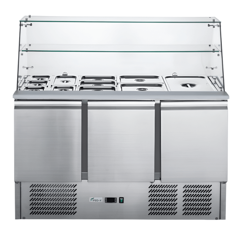 FED-X XS903GC three door salad prep fridge with glass top — front view