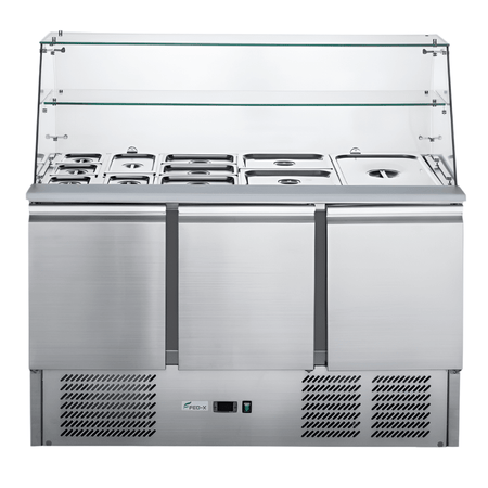FED-X XS903GC three door salad prep fridge with glass top — front view