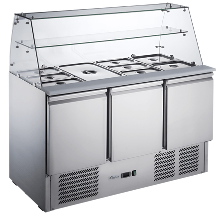 FED-X XS903GC salad prep fridge — glass canopy open showing ambient shelf