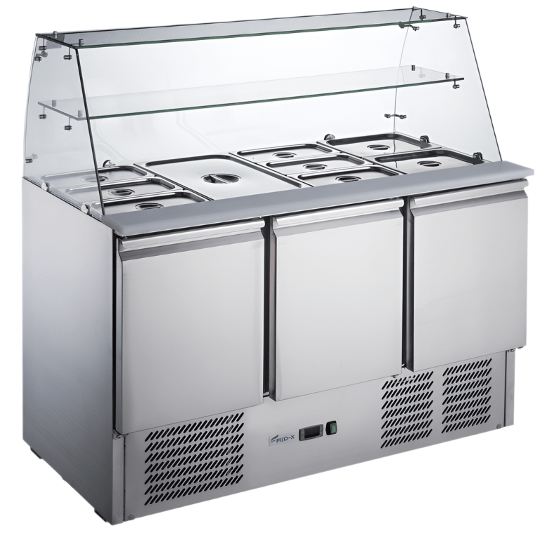 FED-X XS903GC salad prep fridge — glass canopy open showing ambient shelf