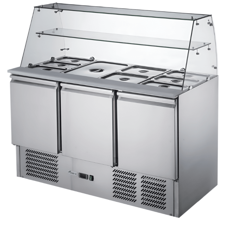 FED-X XS903GC salad prep fridge — under-bench doors open showing interior