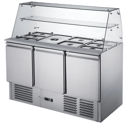 FED-X XS903GC salad prep fridge — under-bench doors open showing interior