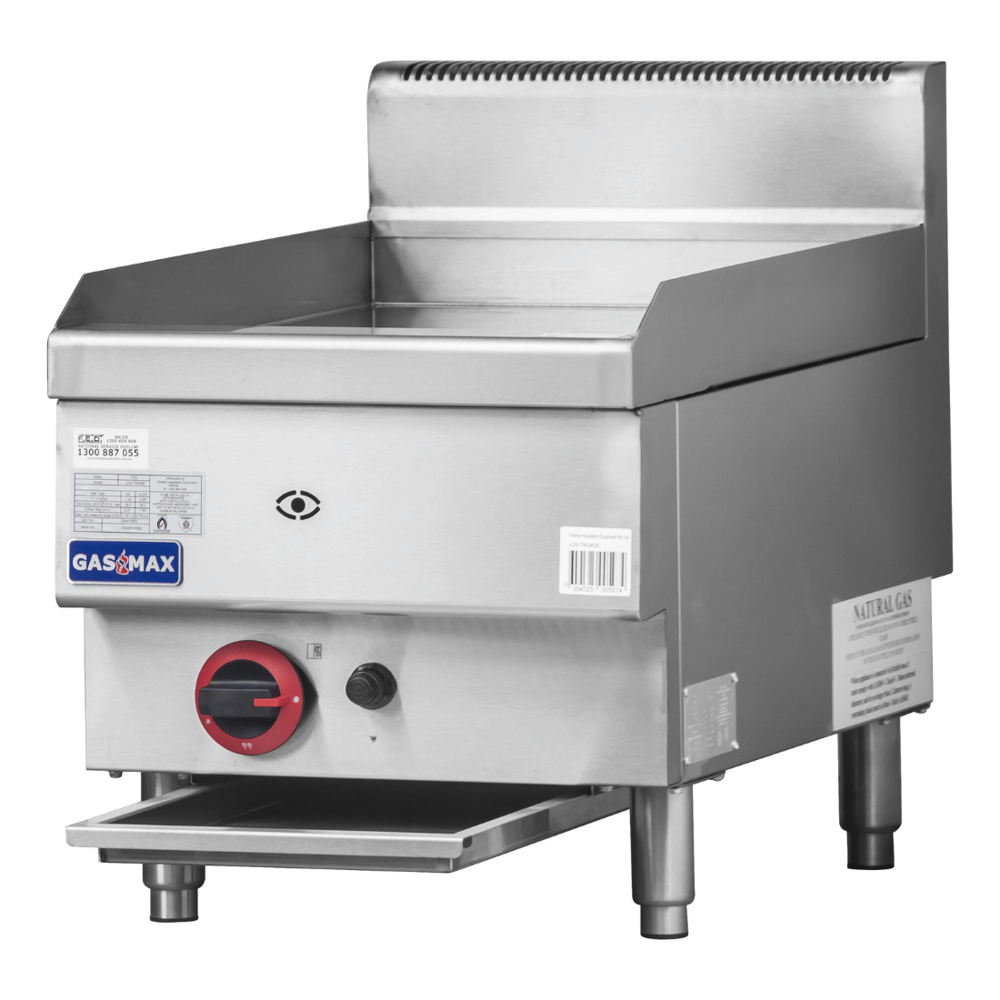 Gasmax JUS-TRG40E gas griddle — front drip tray detail