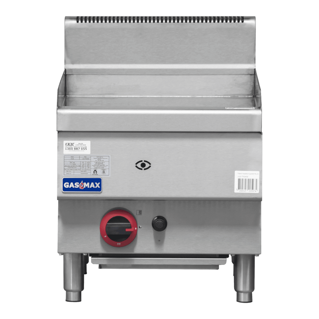 Gasmax JUS-TRG40E benchtop single burner gas griddle — front view in stainless steel
