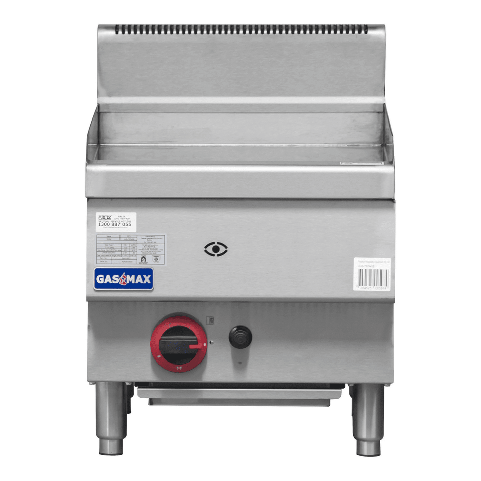 Gasmax JUS-TRG40E benchtop single burner gas griddle — front view in stainless steel