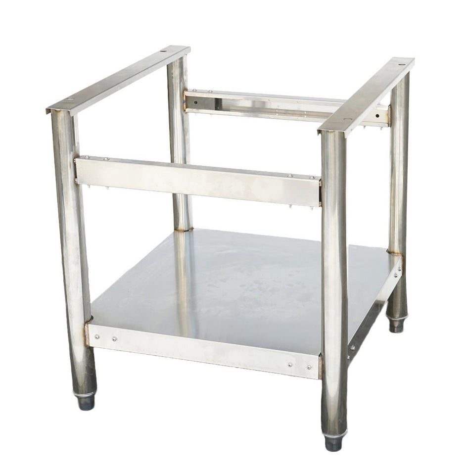 Gasmax QR-36-SEN equipment stand — front view in stainless steel with undershelf