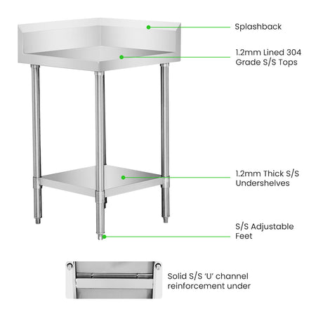 Modular Systems 304 Grade Corner Workbenches with 150mm Splashback & Undershelf - Commercial Kitchen Appliances