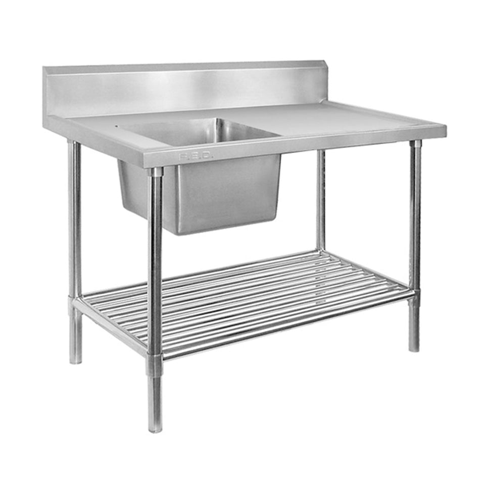 Modular Systems SSB6-1200L/A 1200mm left sink bench — front view in 304 stainless steel