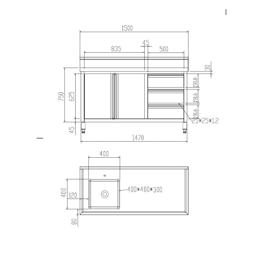 Modular Systems stainless steel sink cabinet — angled view showing doors, drawer, and 400mm punched bowl
