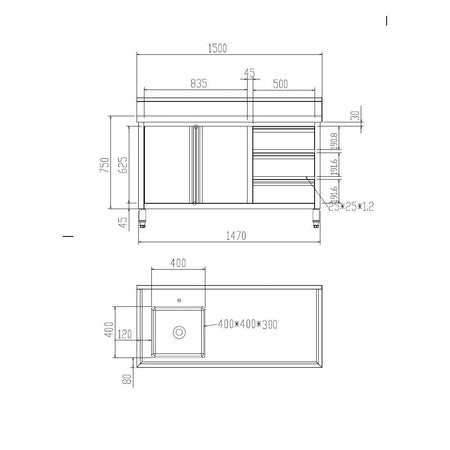 Modular Systems stainless steel sink cabinet — angled view showing doors, drawer, and 400mm punched bowl