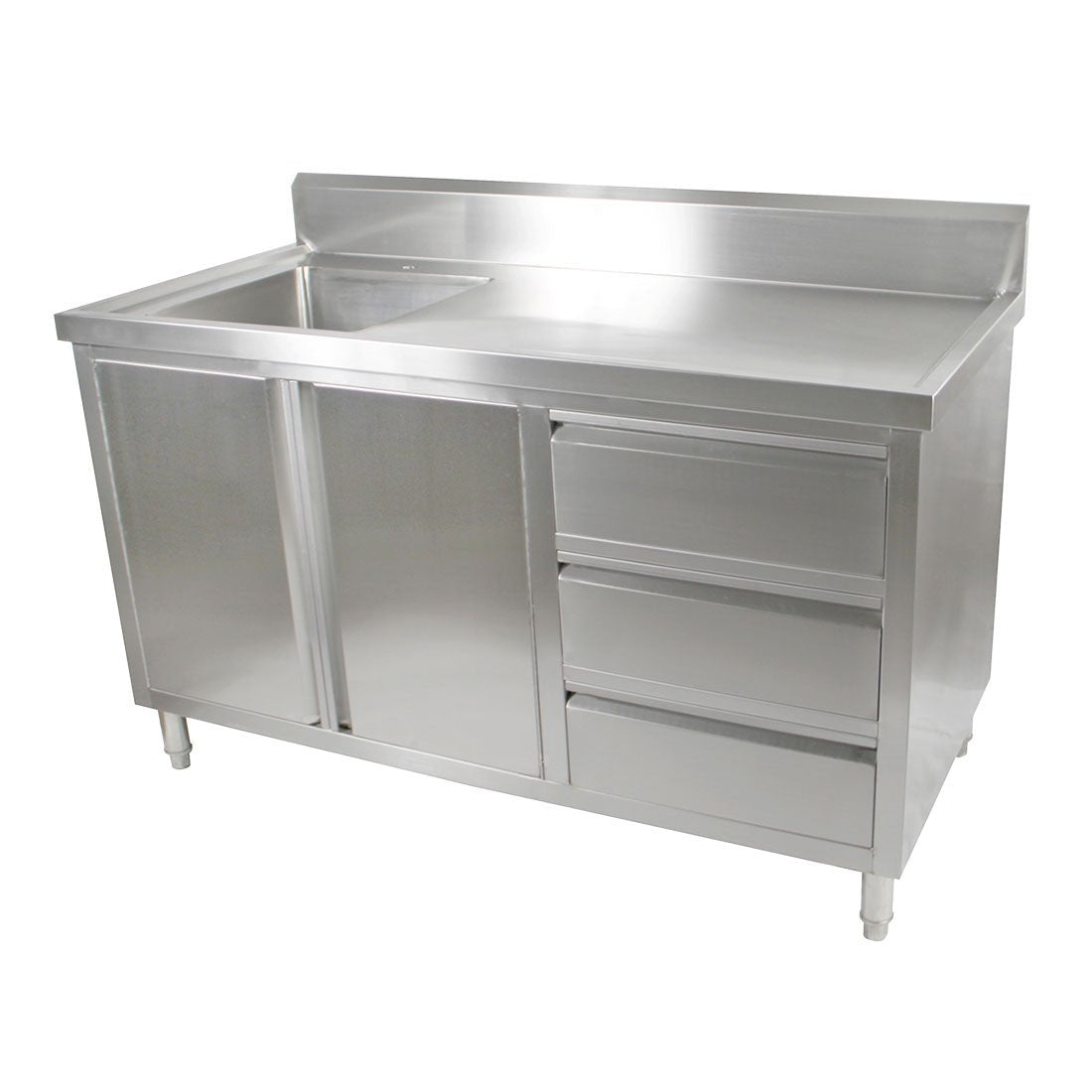 Modular Systems stainless steel sink cabinet — front view with left-hand sink bowl and splashback