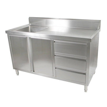 Modular Systems stainless steel sink cabinet — front view with left-hand sink bowl and splashback