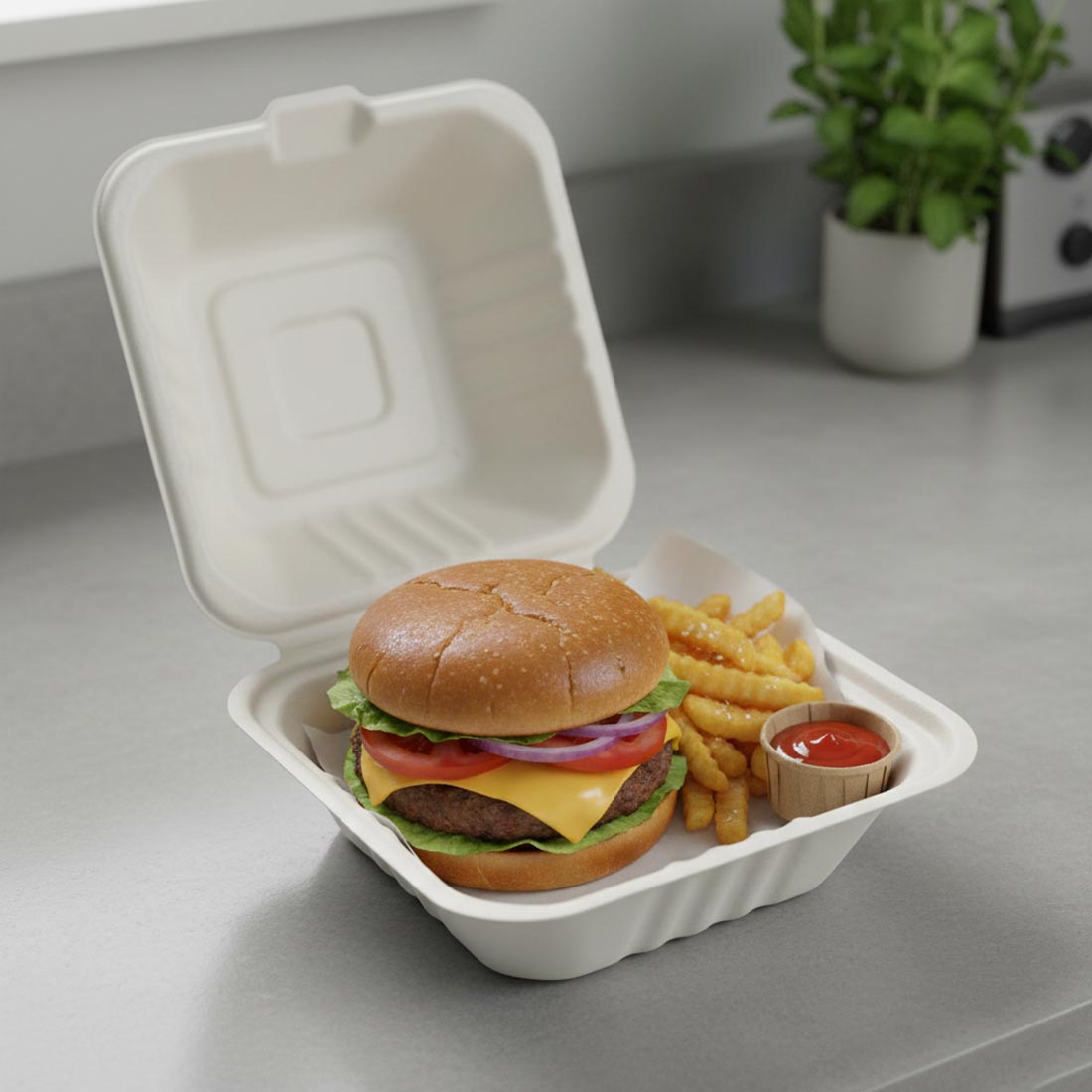 PakMax 6 x 6 Inch Sugarcane Clamshell CS-66 Carton of 500 - Commercial Kitchen Appliances