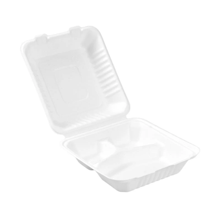 PakMax 8 Inch 3 Compartment Sugarcane Clamshell CS-883 Carton of 200 - Commercial Kitchen Appliances