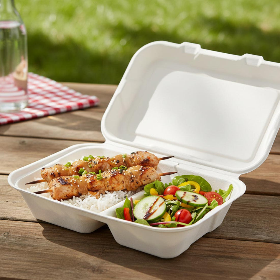 PakMax 9 x 6 Inch 2 Compartment Sugarcane Clamshell CS-962 Carton of 250 - Commercial Kitchen Appliances