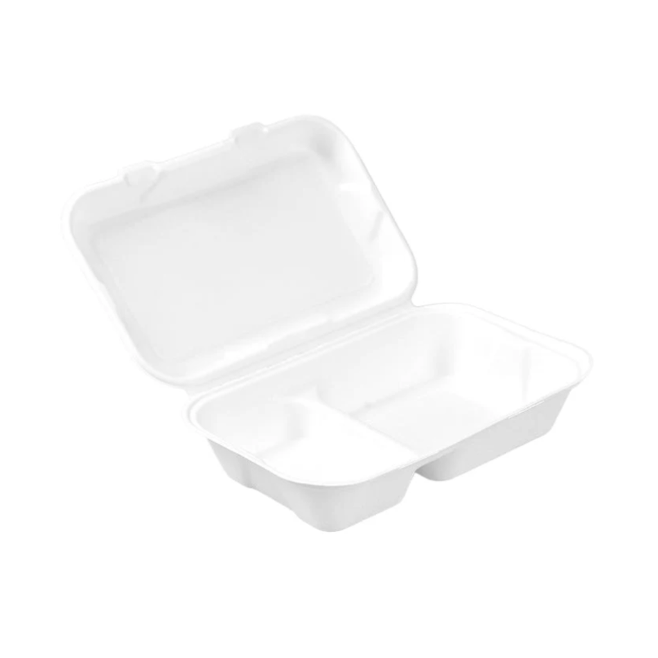 PakMax 9 x 6 Inch 2 Compartment Sugarcane Clamshell CS-962 Carton of 250 - Commercial Kitchen Appliances
