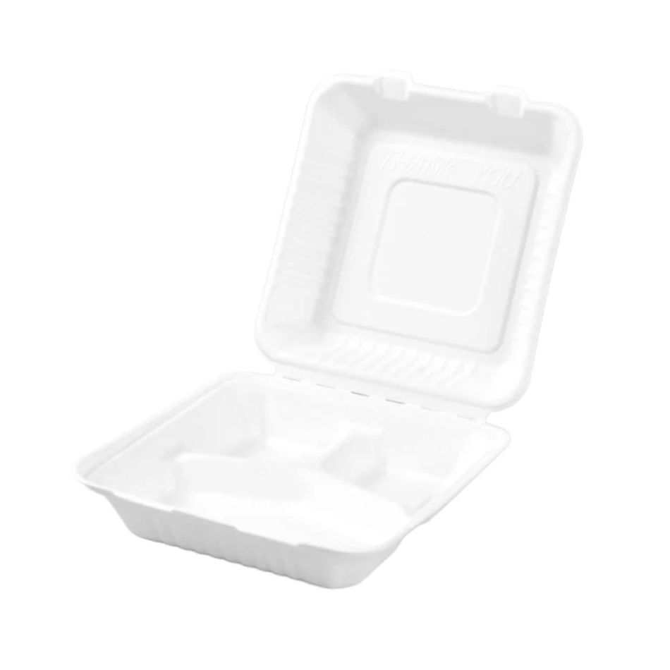 PakMax 9 x 9 Inch 3 Compartment Sugarcane Clamshell CS-993 Carton of 200 - Commercial Kitchen Appliances