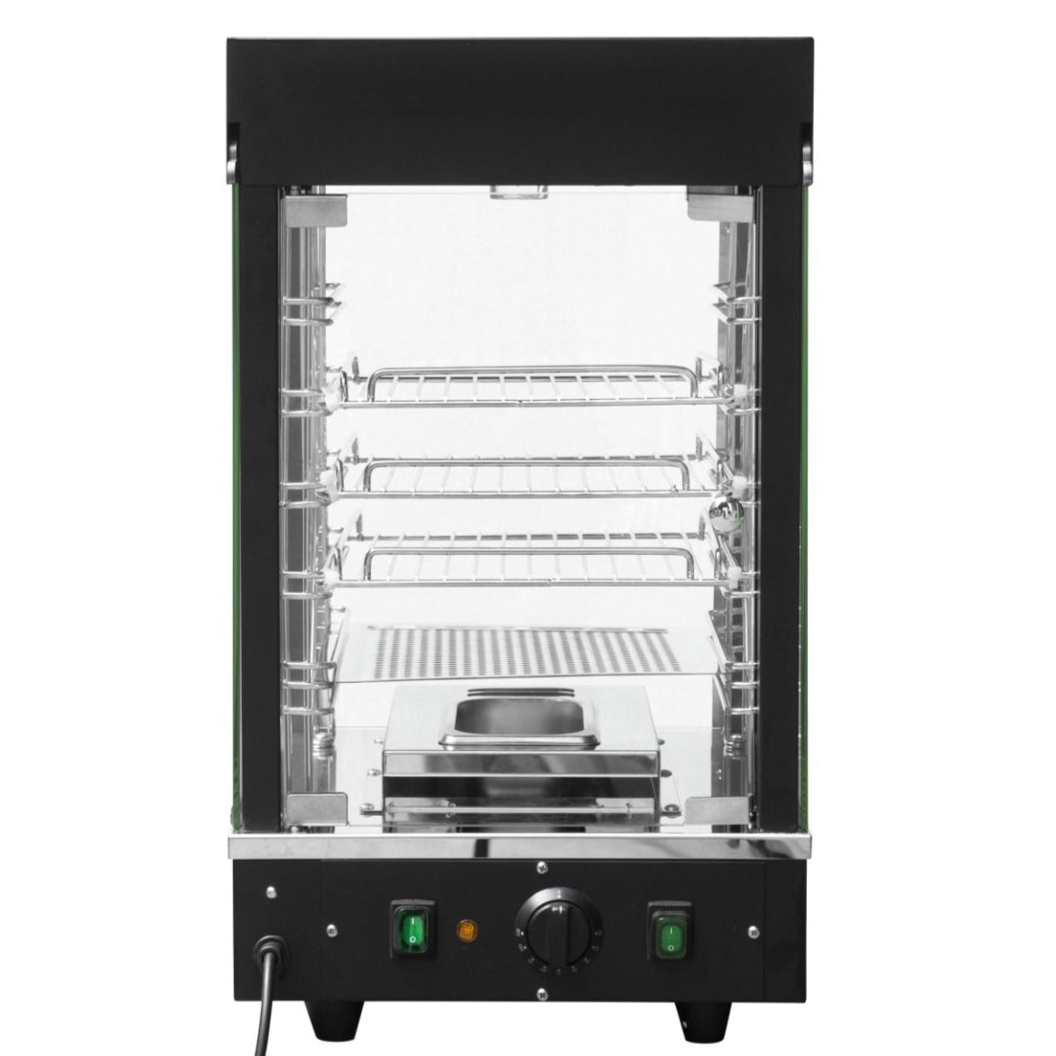 Black and silver rotisserie grill on a white background