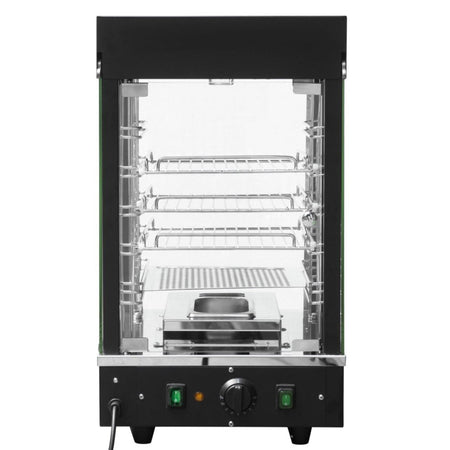 Black and silver rotisserie grill on a white background