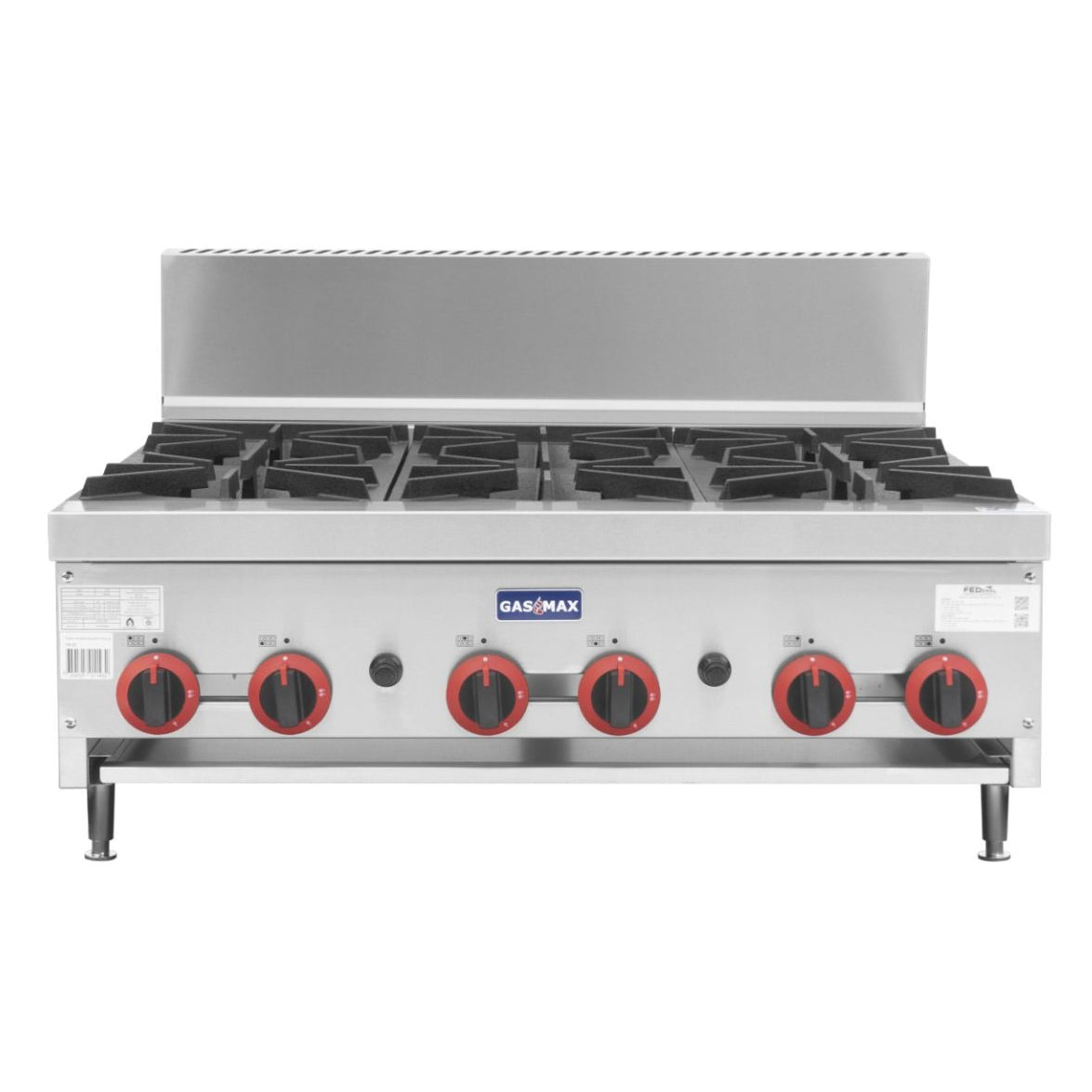 Stainless steel commercial gas range with six burners on a white background