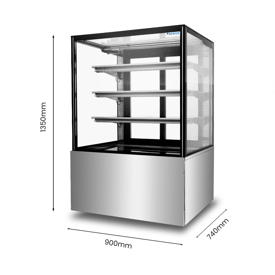 Bonvue SF830V three-tier cake display fridge — front view with lighting on