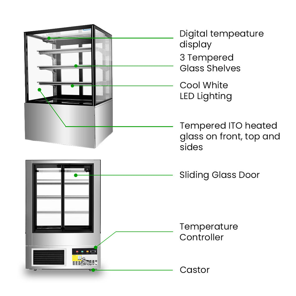 Bonvue SF830V cake display — side angle showing 900mm × 740mm footprint
