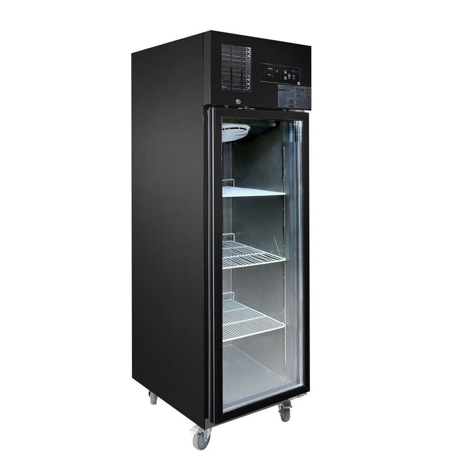 Thermaster Single Glass Door Upright Fridge Black Stainless Steel SUCG500B