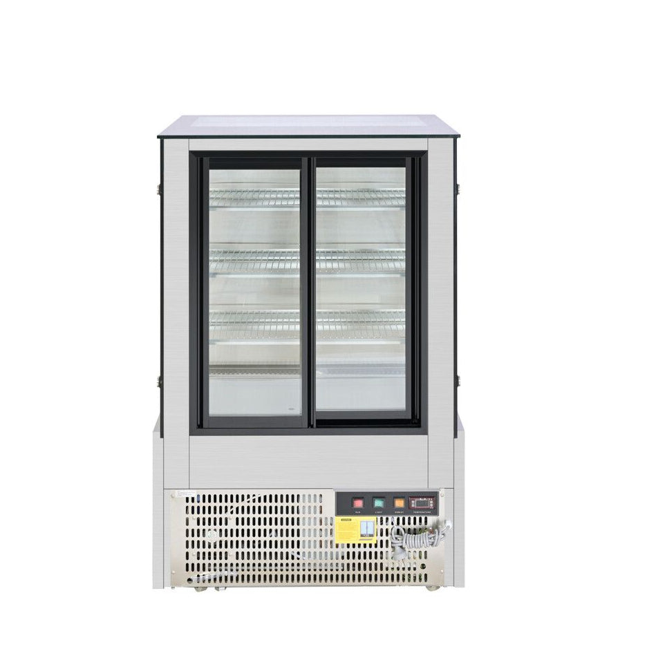 Commercial refrigerator with glass doors on a white background