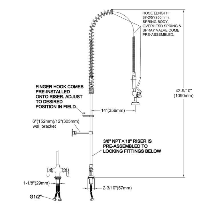 Sunmixer Pre Rinse Unit with 510mm Riser and 1118mm Hose T98001-1 - Commercial Kitchen Appliances