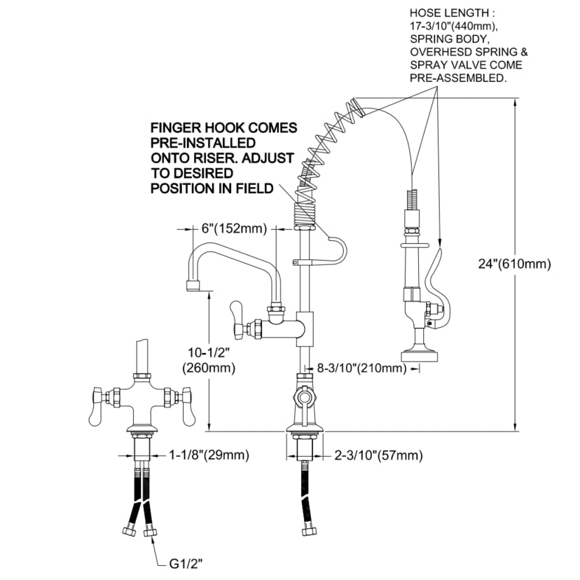 Sunmixer Pre Rinse Unit with Add-on Faucet and 152mm Swing Nozzle T98001MN-2 - Commercial Kitchen Appliances