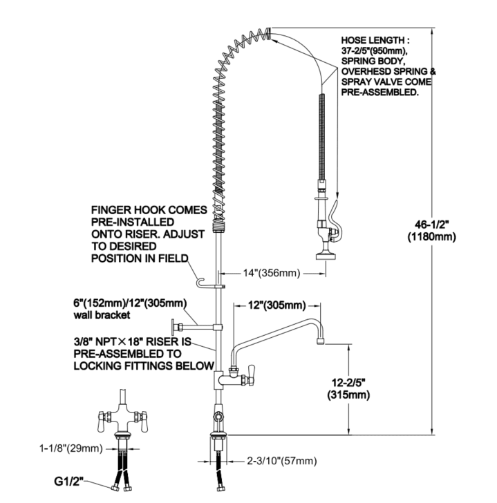 Sunmixer Pre Rinse Unit with Add-on faucet and 305mm Swing Nozzle T98001-2 - Commercial Kitchen Appliances