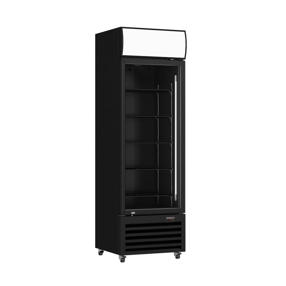 Thermaster LG-540BP 540L single glass door upright drink fridge — front view in black Colorbond