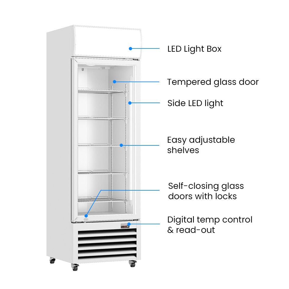 Thermaster 540L Single Glass Door Colourbond Upright Drink Fridge White LG - 540P - Commercial Kitchen Appliances