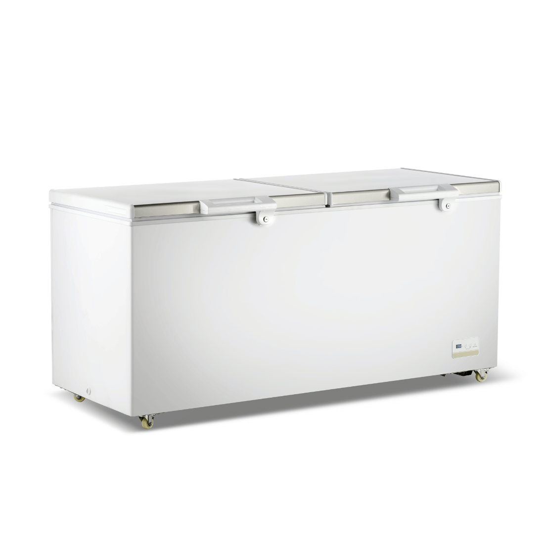 Thermaster BD600F 600L chest freezer — front view with closed stainless steel lids