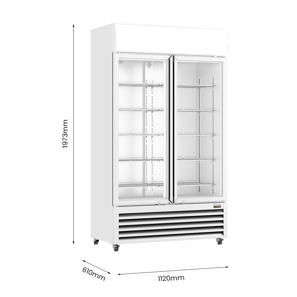 Thermaster LG-730P drink fridge — doors open showing adjustable shelves
