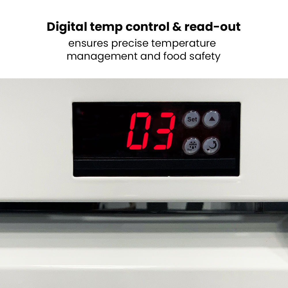 Thermaster LG-730P drink fridge — side view showing 610mm depth and castors