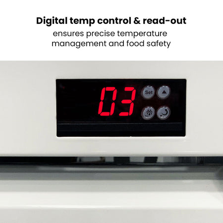 Thermaster LG-730P drink fridge — side view showing 610mm depth and castors