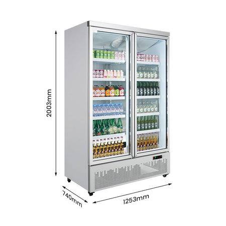 Thermaster LG-1000GBM supermarket fridge — doors open showing LED-lit interior