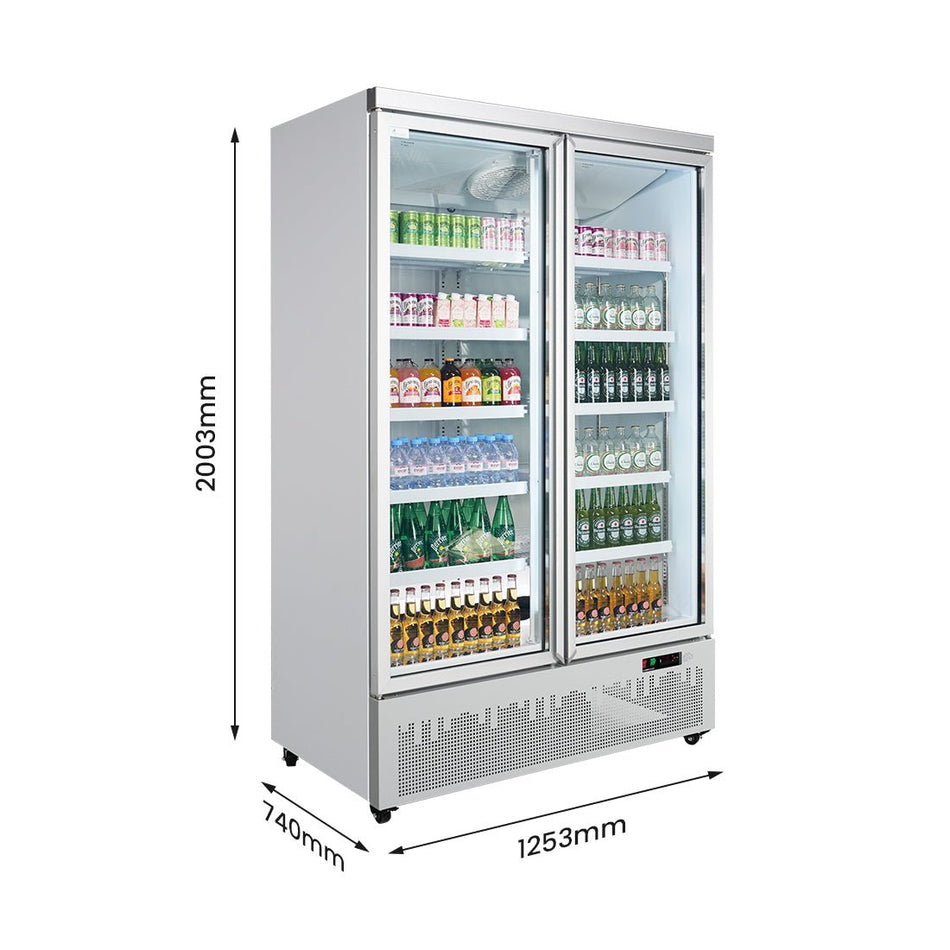 Thermaster LG-1000GBM supermarket fridge — doors open showing LED-lit interior