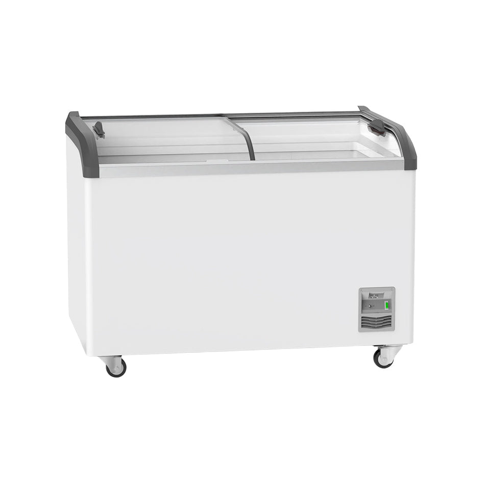 Thermaster SD-406K 406L sliding-lid display freezer — front view with curved glass