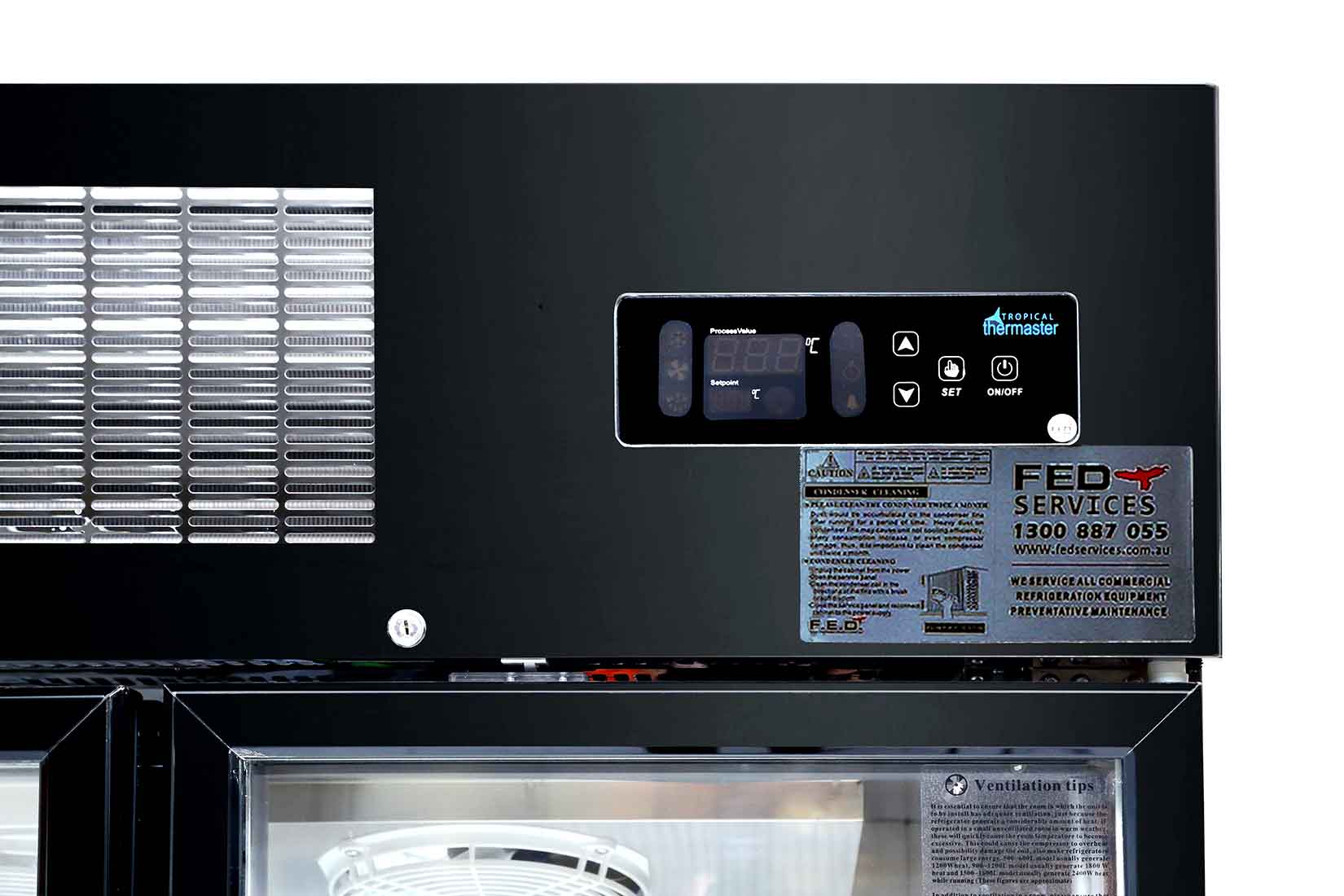 Thermaster Single Glass Door Upright Fridge Black Stainless Steel SUCG500B - Commercial Kitchen Appliances