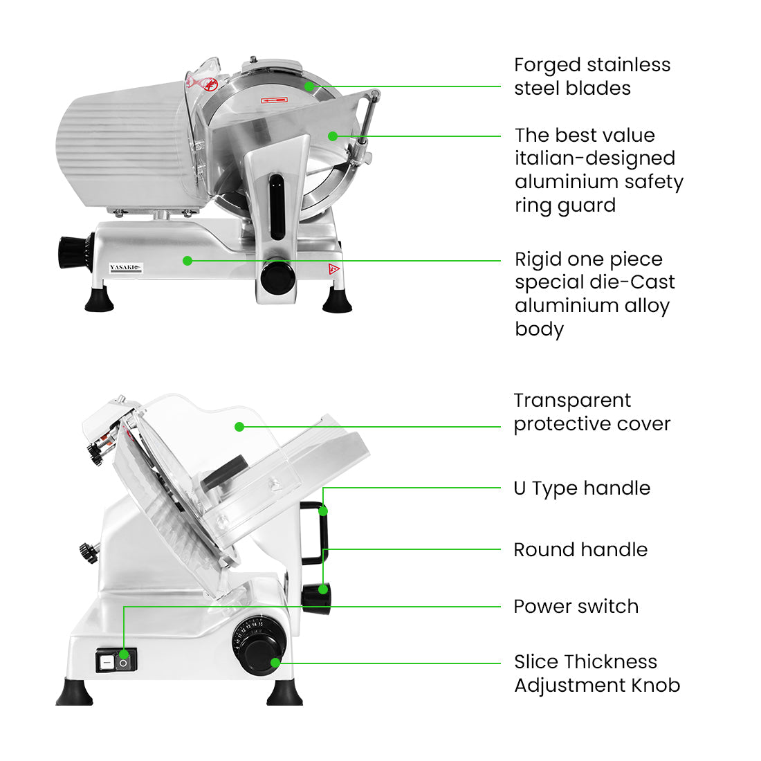 Yasaki HBS-300 meat slicer — Italian aluminium safety ring guard detail